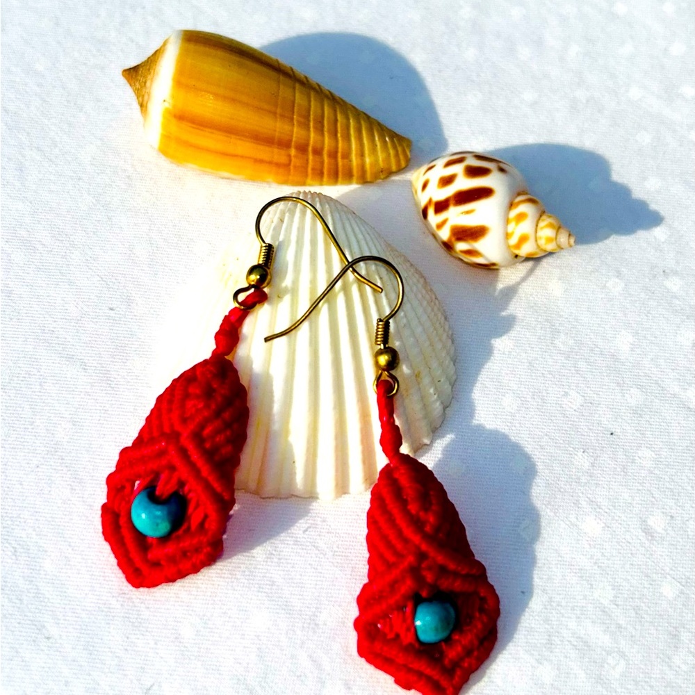 Macrame Hot Pink Earrings Handcrafted Made In Patagonia Wood Bead One Of A Kind